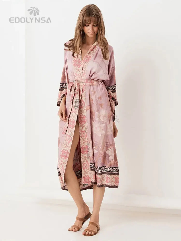 Bohemian Printed Cover-ups Elegant Belted Kimono Plus Size
