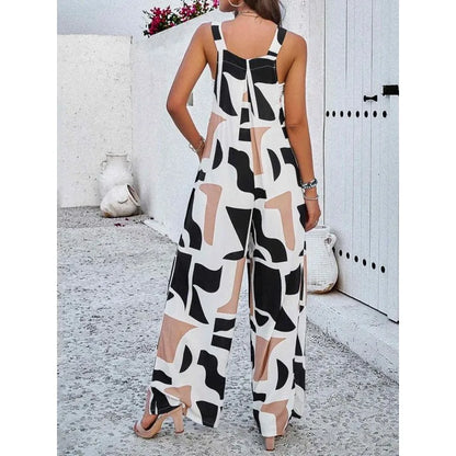 Plus Size Women's New Fashion Button Sexy Sleeveless Suspender Temperament Printed Casual Belt Pocket Jumpsuit