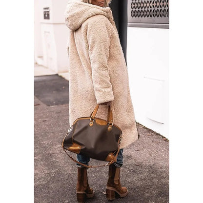 Reversible Sherpa Fleece, Long, Hooded Puffer Coats. Check colors: Brown, Green, Black, Burgundy, Light Gray