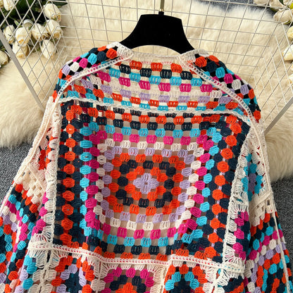 Boho Crocheted Knit Cardigan Midi Length