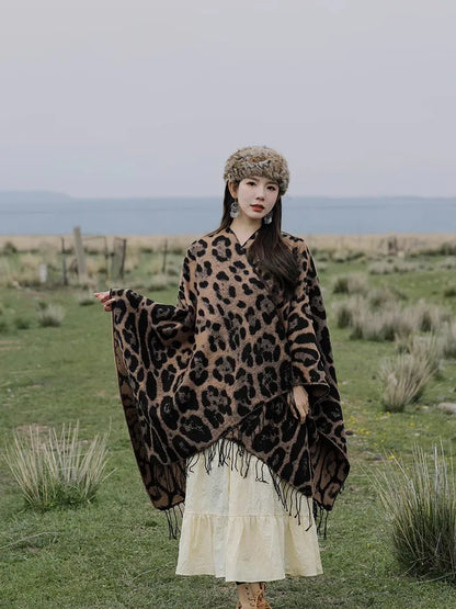 Vintage Boho Leopard Print Soft Over-the-Head Cloaks With Tassels