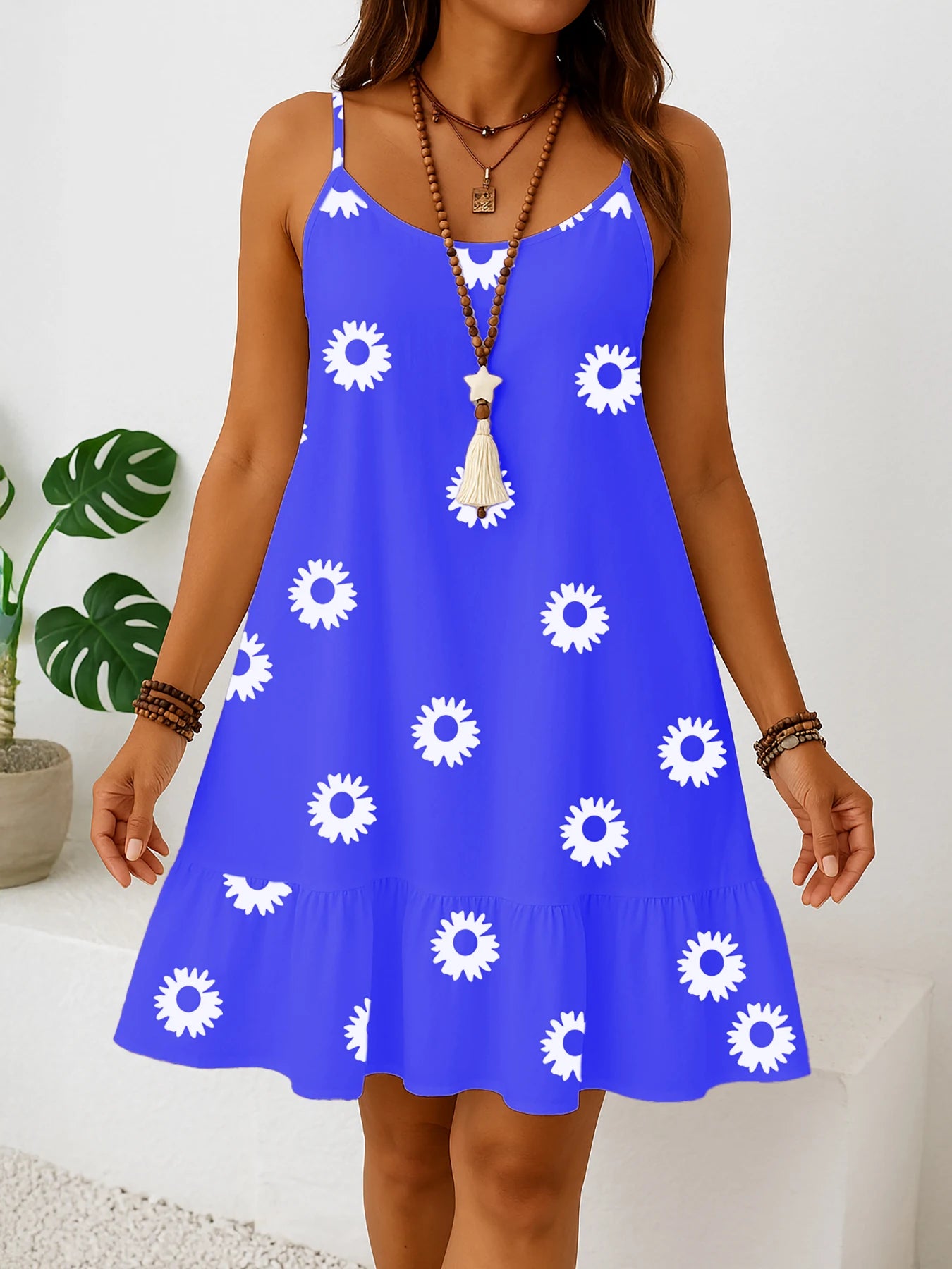 Plus sizes to 5XL sleeveless floral print dress, sun dress with ruffled hem, casual spaghetti straps, and v-neck
