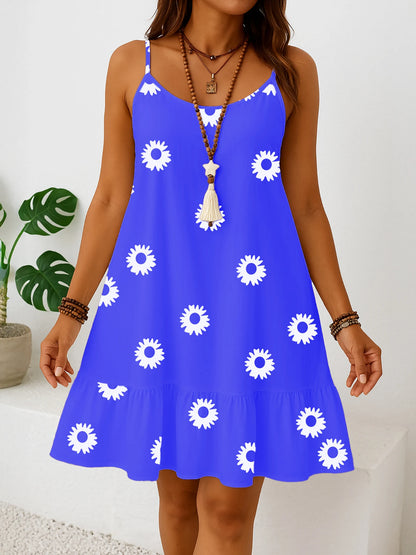 Plus sizes to 5XL sleeveless floral print dress, sun dress with ruffled hem, casual spaghetti straps, and v-neck