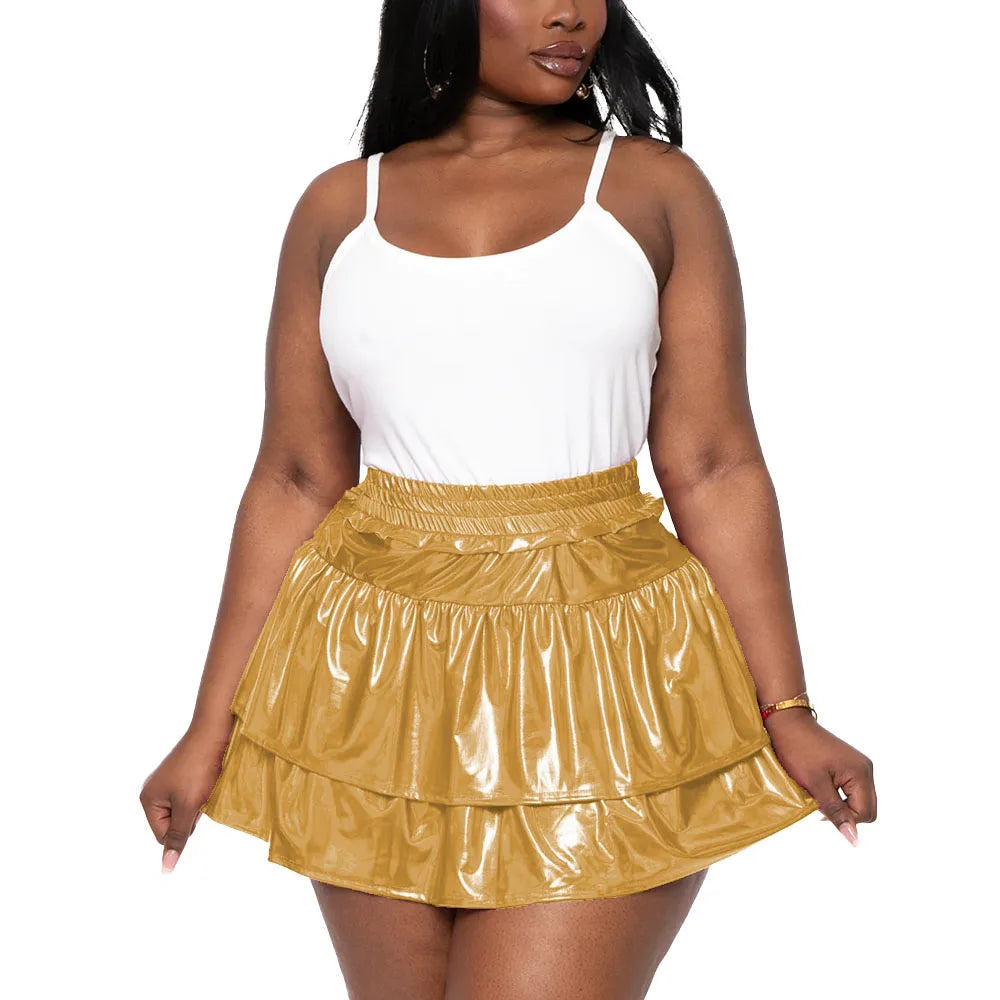 Sizes to 8XL!! Hologram Laser Tiered Pleated Mini Skirts, High Elastic Waist, A-line