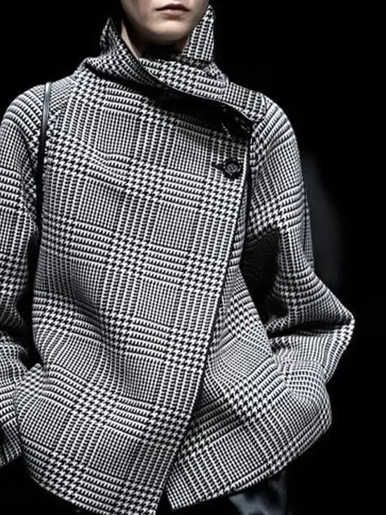 Asymmetrical Retro Black Plaid Houndstooth Jacket Autumn Winter