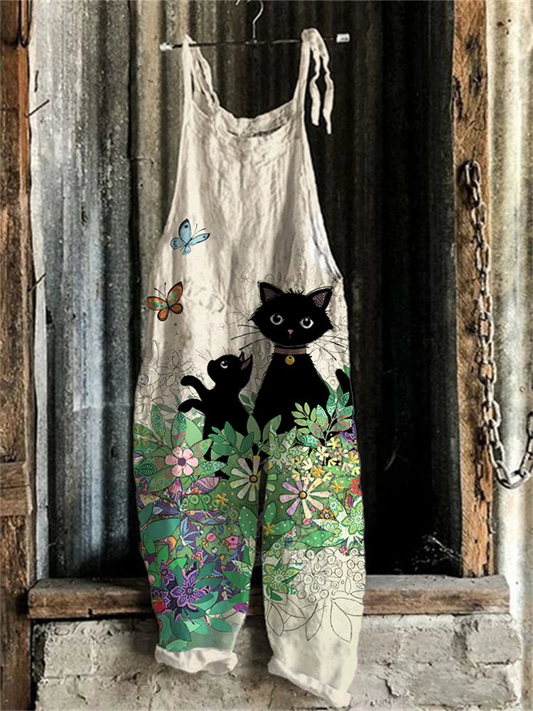 5 Fun Cat Prints with Adjustable Straps, Wide Legs,  Loose Casual Bib Overalls with Flexible Tie Straps