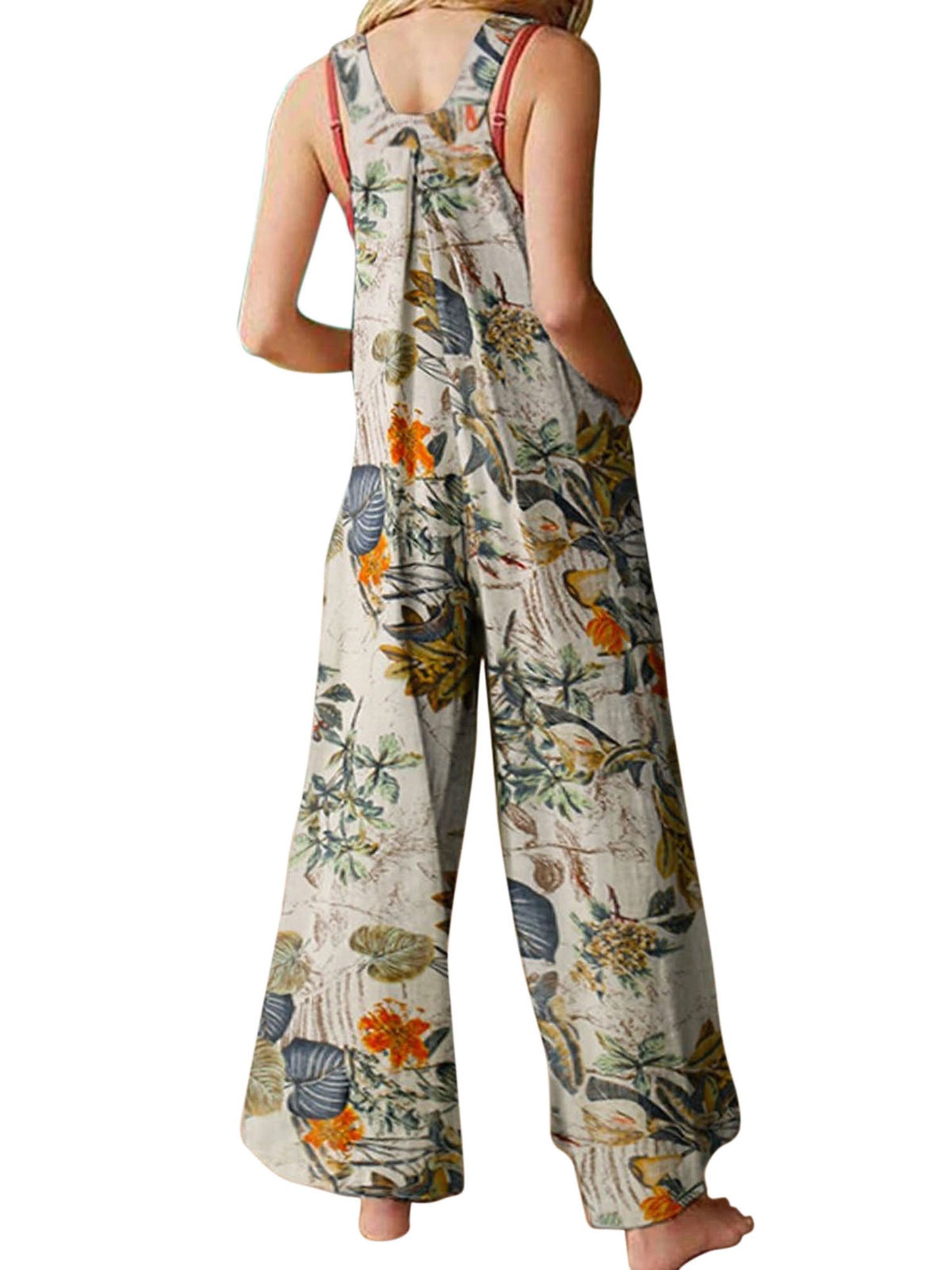 Floral Print, Square Neck, Sleeveless, Casual Overalls with Pockets