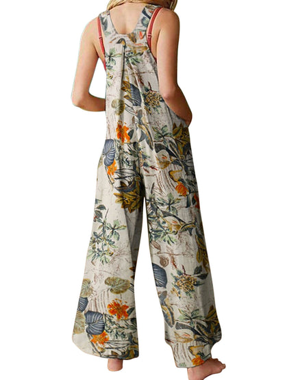 Floral Print, Square Neck, Sleeveless, Casual Overalls with Pockets