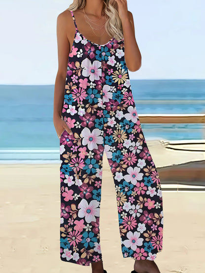 Sizes to 5XL Chic Bohemian Printed Pocketed Jumpsuit with Spaghetti Straps