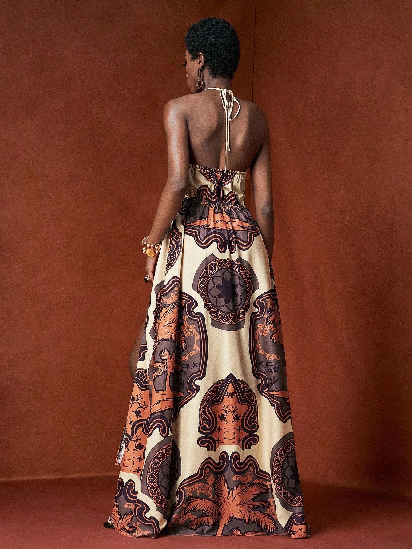 Retro Print Halter Neck Maxi Dress with Side Slit