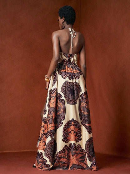 Retro Print Halter Neck Maxi Dress with Side Slit