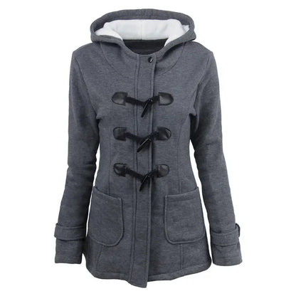 Hooded Women's Overcoat, Zipper Closure with Button Decorations and Pockets