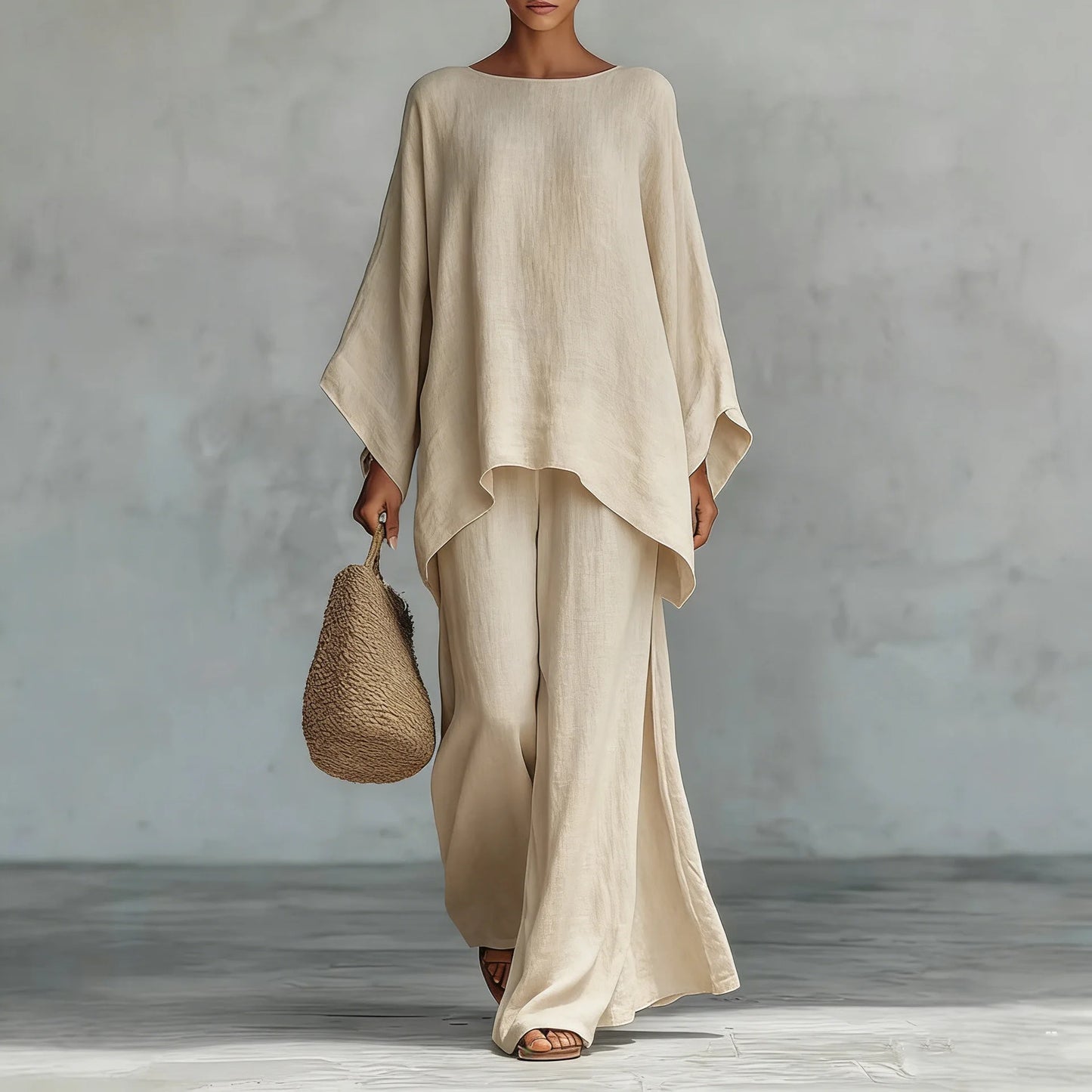 Retro Loose Linen, Long-Sleeved, Extra-Wide Legged Pantsuit, Angled Hem on Top Hem and Sleeves. Comes in Wine Red, White, Grey, Black, and Khaki