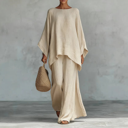 Retro Loose Linen, Long-Sleeved, Extra-Wide Legged Pantsuit, Angled Hem on Top Hem and Sleeves. Comes in Wine Red, White, Grey, Black, and Khaki