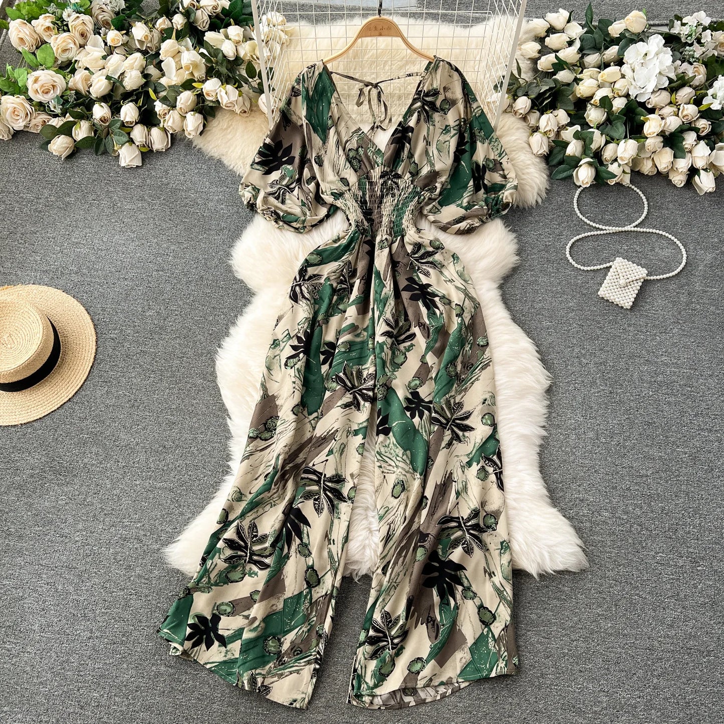 V Neck Dolman Sleeves Slim Waisted Floral and Polka Dot Print Jumpsuit with Wide Legs
