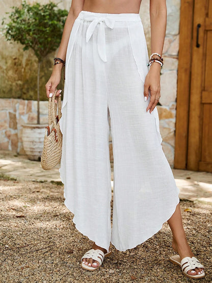 Elastic Waist Loose Wide Long Angular Ruffled Pants with Slit Sides, Mesh, See-Through