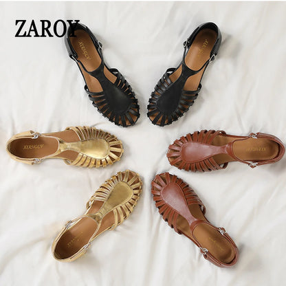 Flat Sandals with Cover Toe Weave Hollow Romanesque Footwear