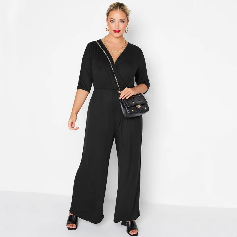 Sizes to 8XL  Culotte Jumpsuits, 3/4 Length Sleeve, Loose Casual Jumpsuits, Wide Leg Wrap Jumpsuit