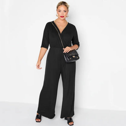 Sizes to 8XL  Culotte Jumpsuits, 3/4 Length Sleeve, Loose Casual Jumpsuits, Wide Leg Wrap Jumpsuit