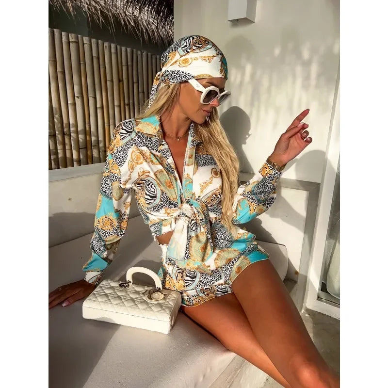 Printed Shorts Set with Polo Collar, Long Sleeve Shorts and Top set