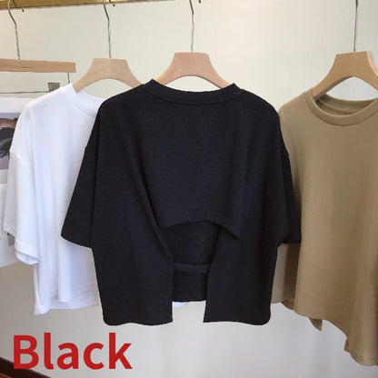 Backless T-Shirt Round Neck Loose Short-Sleeved Crop Tops