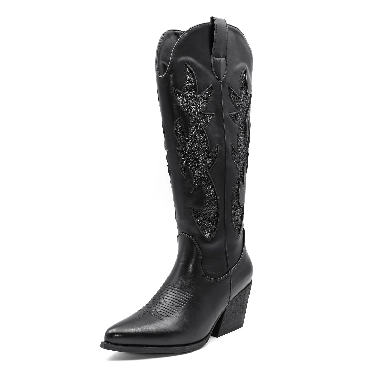 Embroidered Western Cowgirl Boots, Pointed Toe, Thick Heel,  Knee High Boots