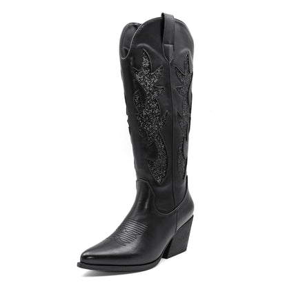 Embroidered Western Cowgirl Boots, Pointed Toe, Thick Heel,  Knee High Boots