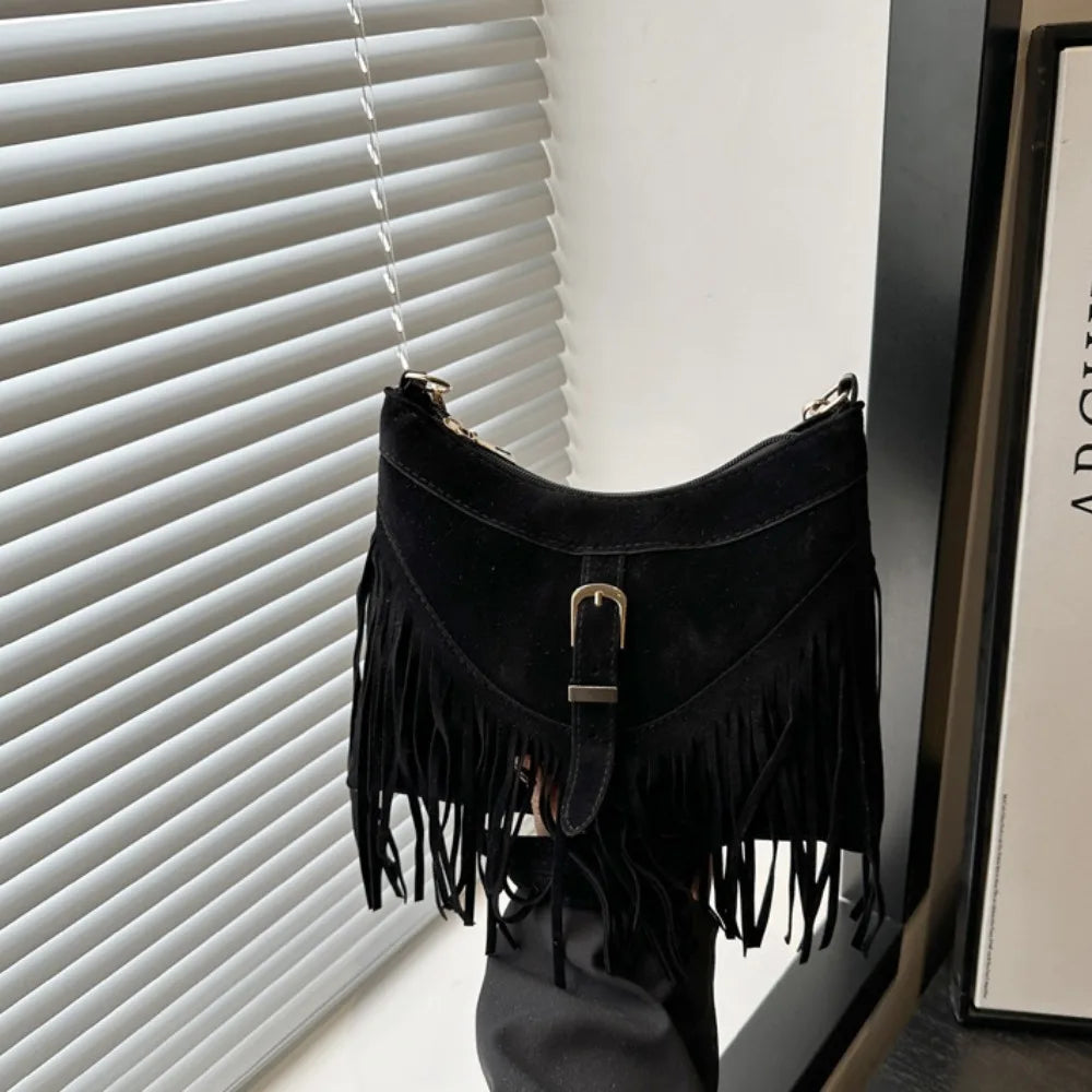 Bohemian Suede Leather Under-Arm Zipper, Tassels, Shoulder Bag, Solid Color PU Leather, Black, Grey, Coffee, and Light Brown