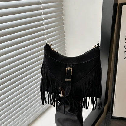 Bohemian Suede Leather Under-Arm Zipper, Tassels, Shoulder Bag, Solid Color PU Leather, Black, Grey, Coffee, and Light Brown