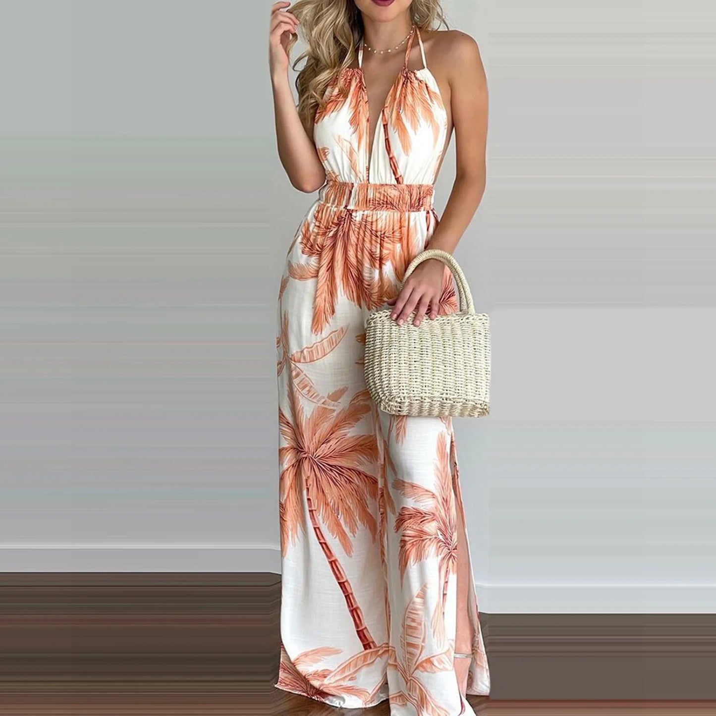 Sizes to 3XL, Colorful print jumpsuits, Sleeveless ,  Plunging V-neck , Halter top, Long Wide pants, Elastic Waist