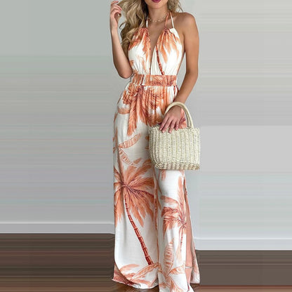Sizes to 3XL, Colorful print jumpsuits, Sleeveless ,  Plunging V-neck , Halter top, Long Wide pants, Elastic Waist