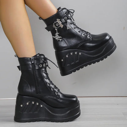 Punk Goth Platform Heels Wedge Heeled Boots, Tie and Strap Closures