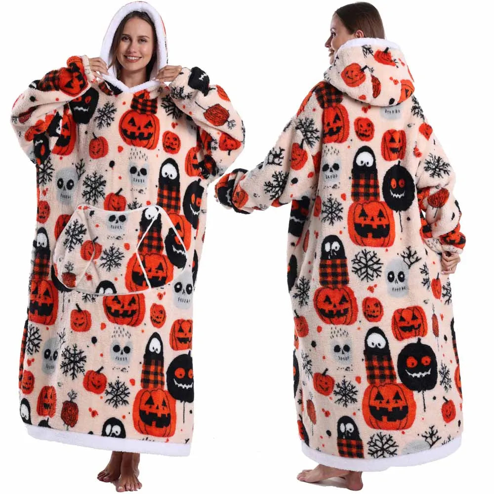 Super Long Flannel Pullover Night Shirt with Pocket and Hood, Super Snuggly for Men and Women, 12 Different Prints
