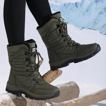 High-top Waterproof Snow Boots, Thick Plush Warm Insoles, Tie Up, Come in Army Green, White, and Black