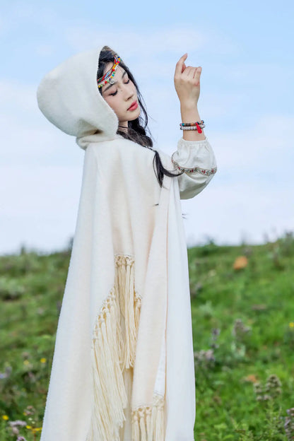 Boho Tassels Handmade Knitted Capes Thick Warm Ethnic Cloak Poncho (Red and Off White)