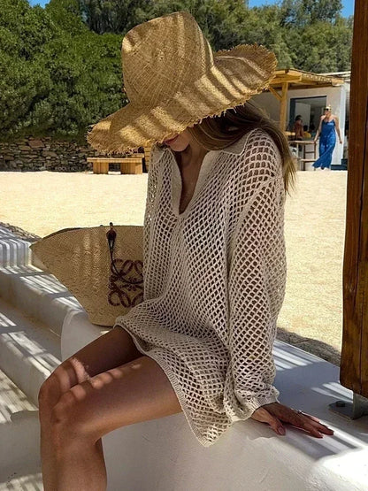 Solid Color Beach Knit Mini Dress, Long Sleeve Swimsuit Cover Up, Boho Holiday Loose Overwear
