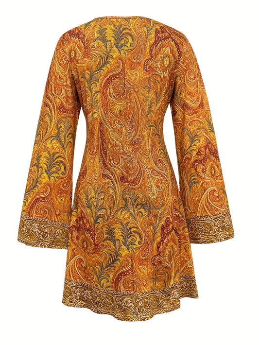 Boho Retro To 2XL V-Neck Paisley Orange Yellow Bell Sleeve Dress Loose A-Line Midi Dress