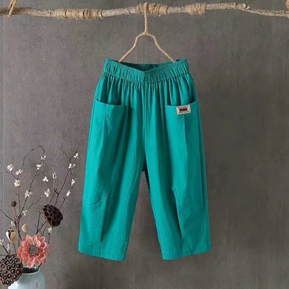 Cotton Linen Cropped 3/4 Length Pants, Loose, Linen with Elastic Waist and Pockets