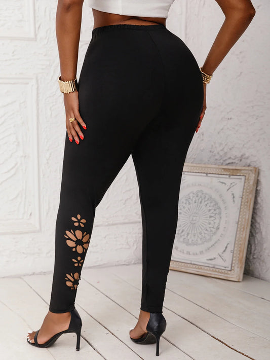 Plus Size to 4XL Women's High-Elasticity Skinny Pants with Hollowed Out Floral Pattern
