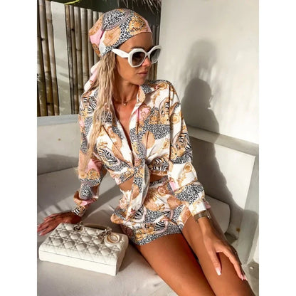 Printed Shorts Set with Polo Collar, Long Sleeve Shorts and Top set