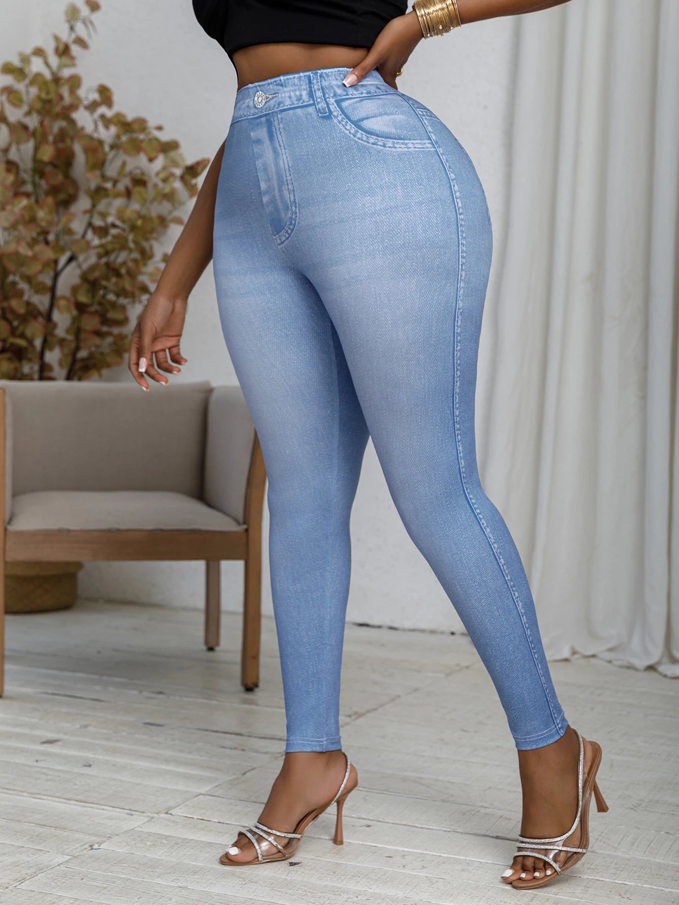 Plus Size to 4XL Faux Denim Printed Jeggings