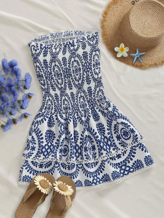 Blue & White Floral Print Smocked Tube Dress with Ruffled Hem. Also Available in 10 other colors and designs