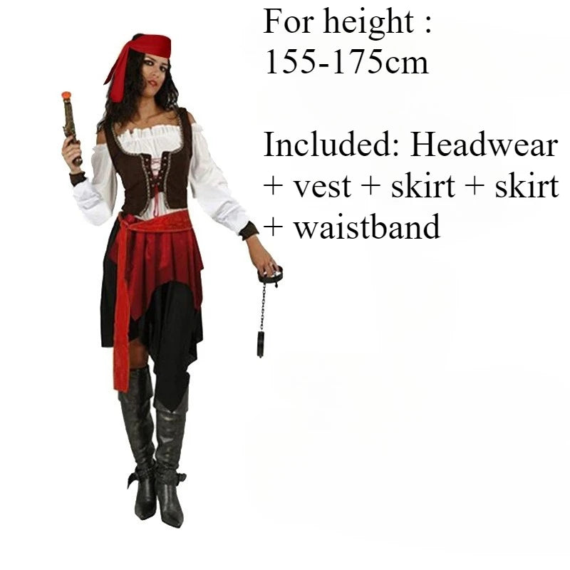 Women and Adult Men Cosplay Halloween Pirate Costumes. Included In Women's: Headwear, Sash, Skirt, and Vest.  Included in Men's: Shirt, Vest, Pants, Headwear, Boot Sleeves