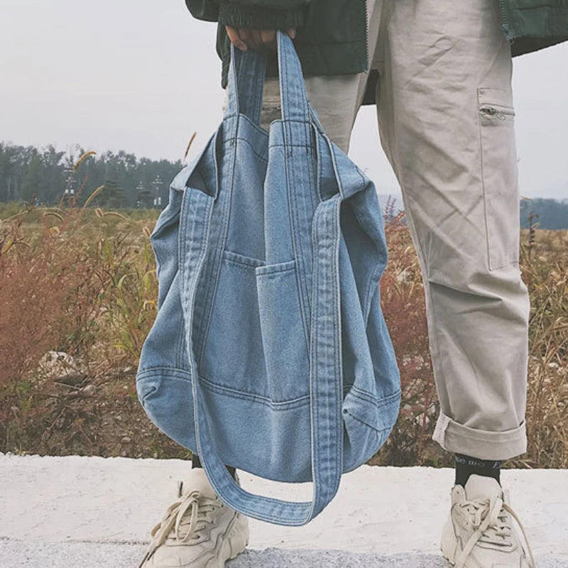 Large Capacity Denim Crossbody Shoulder Bag or Short Handle Handbag