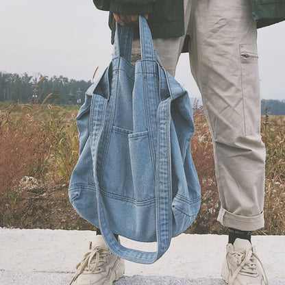 Large Capacity Denim Crossbody Shoulder Bag or Short Handle Handbag