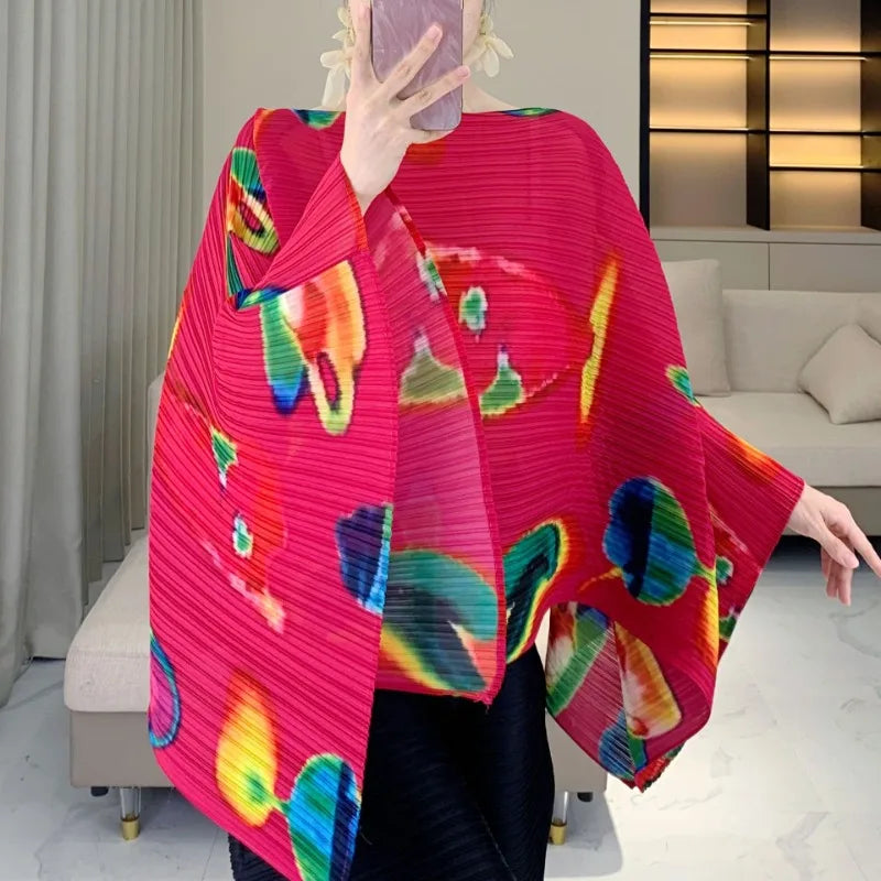 Pleated Striped Shawl, Fashionable Striped, Casual Outerwear, Versatile, Bat Sleeve Cape