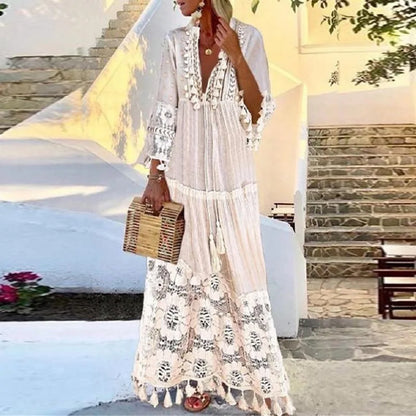 Bohemian Style Sizes to 2XL, White or Yellow, Long, Loose, Lace with Deep V-Neck and Tassels
