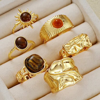 6pcs Boho Sunflower Tiger Eye Stone Ring Set, Open for Adjustable Sizing