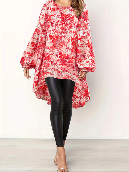 Plus size to 5XL women's spring & summer solid color polyester non-elastic long back hem elegant lantern sleeve chiffon long bell sleeve top