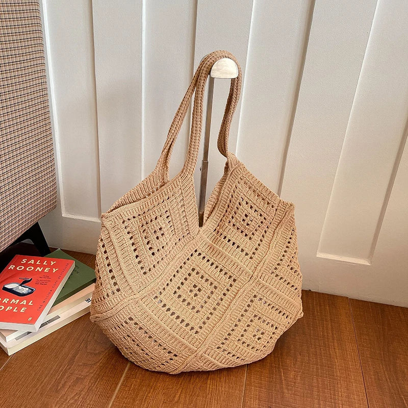 Hollowed Out Yarn Weaved, Large Capacity Shoulder Bags in Red, White, and Tan
